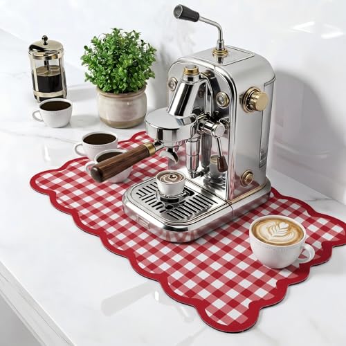 Scalloped Gingham Coffee Mat 12" x 20" Absorbent Coffee Bar Mat Gingham Espresso Matt for Counter(Red) - color: Red