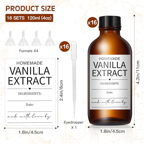 16 Pack 4 oz Amber Glass Bottle Boston Round Bottles with Black Poly Caps Brown Vanilla Extract Bottles for Essential Oil, Perfume and Liquid, Contains 16 Homemade Stickers, 4 Funnels, 1 Eyedropper