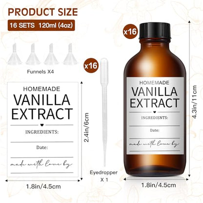 16 Pack 4 oz Amber Glass Bottle Boston Round Bottles with Black Poly Caps Brown Vanilla Extract Bottles for Essential Oil, Perfume and Liquid, Contains 16 Homemade Stickers, 4 Funnels, 1 Eyedropper