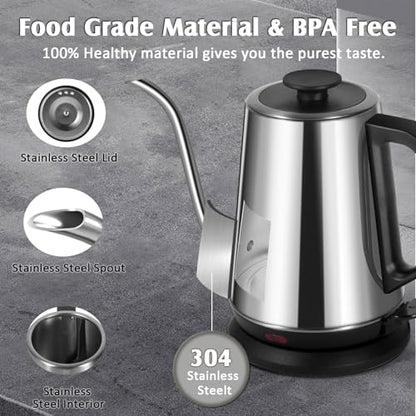 1L Electric Gooseneck Kettle, Tea Kettle for Boiling Water, Gooseneck Electric Kettle for Coffee & Tea, Fast Boiling for Pour Over, Auto Shut-Off, Boil-Dry Protection, 360° Rotational Base - Silver - color: 1.0L Silver