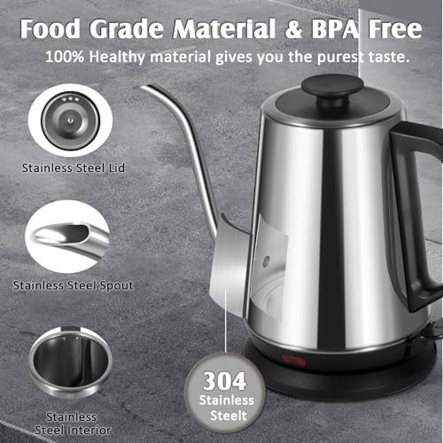 1L Electric Gooseneck Kettle, Tea Kettle for Boiling Water, Gooseneck Electric Kettle for Coffee & Tea, Fast Boiling for Pour Over, Auto Shut-Off, Boil-Dry Protection, 360° Rotational Base - Silver - color: 1.0L Silver