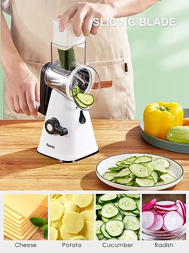 Rotary Cheese Grater with Handle, Reemix Vegetable Cheese Shredder Slicer Grater for Kitchen 3 Changeable Blades for Cheese Potato Zucchini Nuts Chocolate (White) - color: White