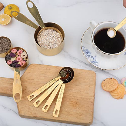 GuDoQi 9pcs 304 Stainless Steel Measuring Cups & Spoons, Stackable Long Handle Fits Narrow Jars, Golden Finish, Metric & US Measures for Dry/Liquid Ingredients, Rust-Proof for Baking & Cooking