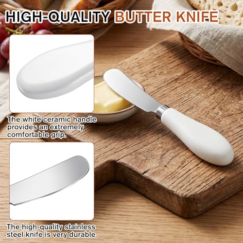 2 Pack Stainless Steel Butter Knife Spreader Knife Small Butter Knife Multipurpose Cheese Spreader with White Porcelain Handle for Kitchen Restaurant Party Kitchen Gadgets Cream Cheese Jam Pastry