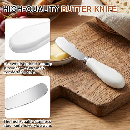 2 Pack Stainless Steel Butter Knife Spreader Knife Small Butter Knife Multipurpose Cheese Spreader with White Porcelain Handle for Kitchen Restaurant Party Kitchen Gadgets Cream Cheese Jam Pastry