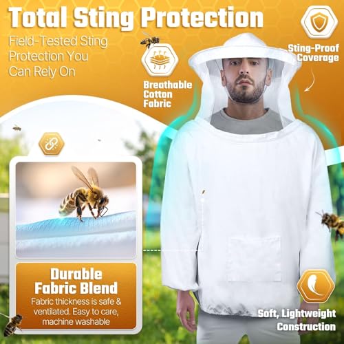 Flexzion Bee Jacket with Veil - Beekeeper Jacket for Men and Women, Lightweight Ventilated Pullover Beekeeping Smock, Sting Proof Protective Upper Body Suit, White Adult Extra Large - size: Adults Large