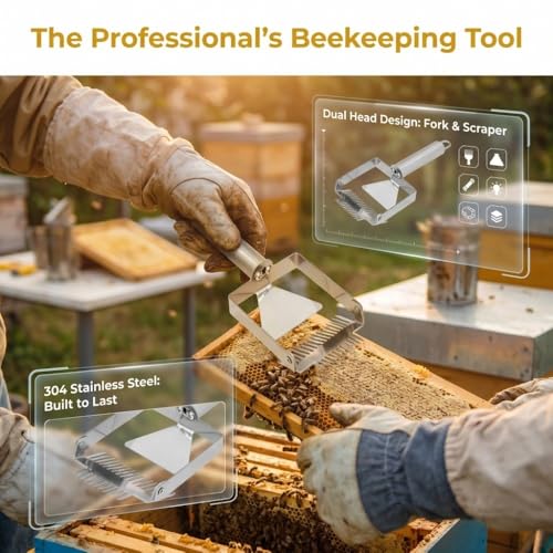 2-in-1 Double Head Honey Scraper, Stainless Steel Beekeeping Uncapping Tool with Wooden Handle for Honeycomb Processing(Metal Handle)