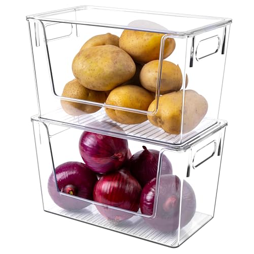 2 Pack Large Stackable Storage Bins, Plastic Container Organizer with Open Front, Pantry Organizers and Storage for Potato, Onion, Fruit and Vegetable, Clear Kitchen Laundry Organizer with Lid