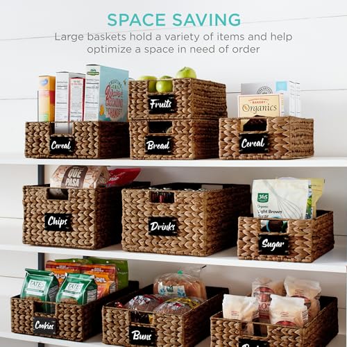 Best Choice Products 22.9 x 30.5cm(9 x 12인치) 워터 히아신스 식료품 저장실 바구니 4개 세트, 칠판 라벨이 있는 우븐 오거나이저, 분필 마커 - 체스트넛 - color: 밤나무., size: 9x12x5in
