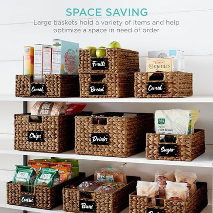 Best Choice Products 22.9 x 30.5cm(9 x 12인치) 워터 히아신스 식료품 저장실 바구니 4개 세트, 칠판 라벨이 있는 우븐 오거나이저, 분필 마커 - 체스트넛 - color: 밤나무., size: 9x12x5in