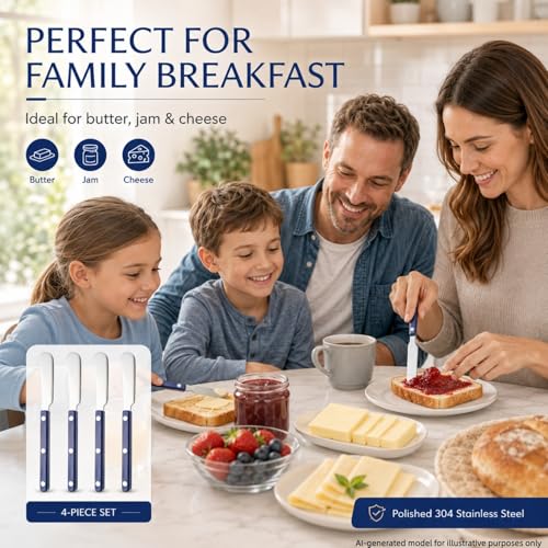 4PCS Stainless Steel Butter Knives Set: 6.3 Inch Cheese Spreader 304 Stainless Steel with Ergonomic Handle for Cheese, Butter & Jam (blue) - color: blue