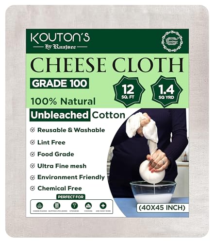 Unbleached Cheese Cloths 100 Grade, 12 Sq Feet - 1.4 Sq Yards 100% Organic Cotton Fabric - Reusable Ultra Fine Mesh Muslin Cloth - Cheesecloth For Straining Cooking,Baking,Cheese Making - size: 1.4 Sq Yards