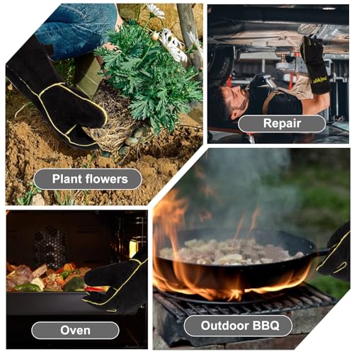 Fireplace Gloves Fire Heat Resistant: Fireproof Leather for Fireplace Fire Pit Wood Stove Campfire Furnace (L) - color: Black, size: Large