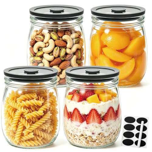 Flrolove 4 Pack Glass Canisters with Airtight Lids 28 oz, Glass Storage Containers with Lids, Wide Mouth Mason Jars for Salad, Cookie, Overnight Oats, Canning, Sause, Fermentation, Pickling Jars
