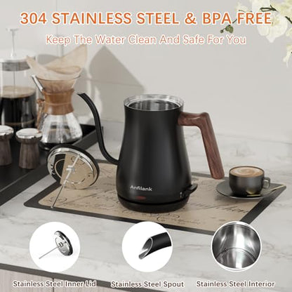Anfilank Gooseneck Electric Kettle with Thermometer, 0.8L Small Electric Tea Kettle, 1200W Fast Heat, Precision Pour for Coffee & Tea, Auto Shut Off & Dry Boil Protection, Stainless Steel