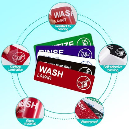 5PCS Wash Rinse Sanitize Sink Labels Sign, Self-Adhesive Waterproof Employees Must Wash Hands Stickers for Business，Restaurant Supplies for Wash Station, Commercial Kitchens, Restaurant, Food Trucks, Dish Washing (9"×3") - color: wash rinse sanitize sink