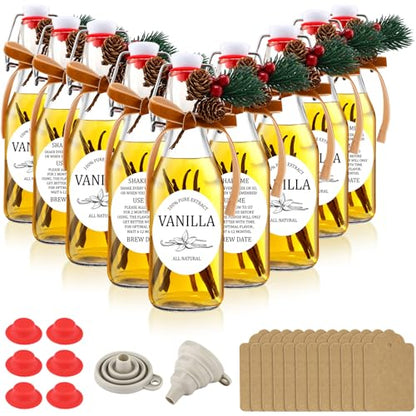Sieral 9 Sets Vanilla Extract Bottles Clear Swing Top Glass Bottles for Gift Giving Homemade Vanilla Extract Jar Funnel Rope Labels for New Year Brewing Oil Beer Tea DIY Supply (Round Stickers,8 oz) - size: 8 oz, style: Round Stickers