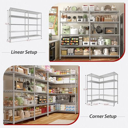 REIBII 1500LBS Storage Shelves 61.7''W Wire Shelving Unit 5 Tier Metal Shelving for Storage Rack Shelves Heavy Duty Garage Shelf Pantry Shelves Kitchen Shelving, 61.7" W*72.4" H*15.8" D, Chrome - style: Chrome-15.8" Dx61.7" Wx72.4" H-5 Tier