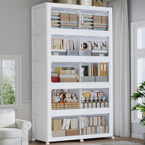 250GAL Storage Bins with Lid and Wheels, Collapsible Storage Box with Dividers, Foldable Plastic Cabinets for Room Kitchen, Stackable Closet Organizers and Storage Drawer, 5 Pack White - color: White, size: 50Gal-5Pack