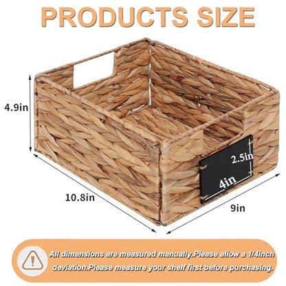 Water Hyacinth Storage Baskets Set of 4 - Foldable Seagrass Organizers with Chalk Labels,10.8x9x4.9 Inch,Rectangular Woven Pantry Bin for Shelves