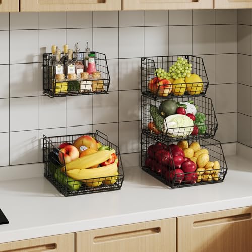 2-Tier Potato and Onion Storage Bin, Stackable Wire Baskets for Countertop | Large Fruit and Vegetable Storage, Wall-Mount Kitchen Pantry Organizer with Ventilated Mesh to Keep Produce Fresh for Cabinet - size: 2-tier Large