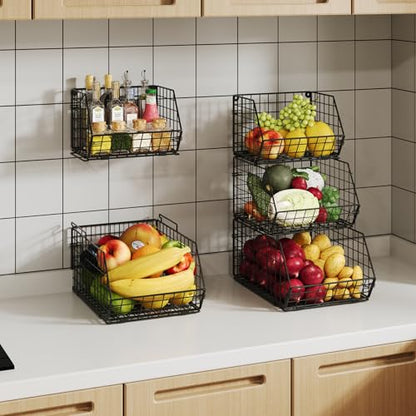3-Tier Stackable Wire Baskets for Counter, Fruit and Vegetable Storage, Potato and Onion Storage Bin，Kitchen Pantry Organizer - Wall Basket for Produce/Snack/Can, Black - size: 3-tier Large