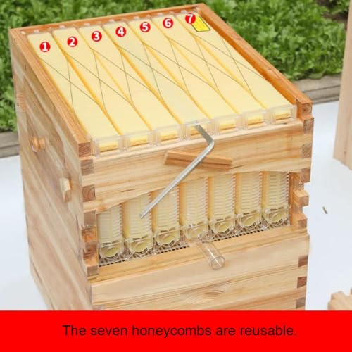 Self-Flow Honey Beehive Box, Natural Pine Wooden Beekeeping Hive Kit with Sloped Rainproof Roof, Reusable Honey Comb Frames for Backyard Beekeeping Supplies