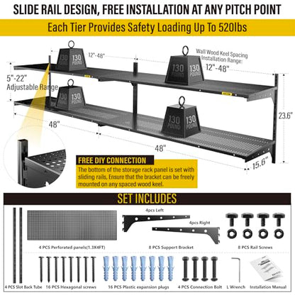 Aecxm 2-Pack 2 Tier 1.3x4ft Garage Shelving Wall Mounted, 520lbs Load Capacity，15.6x48inch per Shelf Height Cassette Adjustable Floating Shelves, Black - color: Black, size: 4pack-1.3x4ft