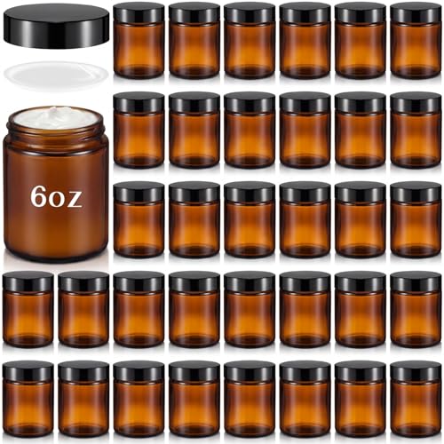 Domensi 36 Pcs Bulk 6oz Glass Jars with Lids Leakproof Round Airtight Empty Cosmetic Jars with Inner Liners Lid for Storing Lotions Spices Ointments Food Storage (Amber) - color: Amber