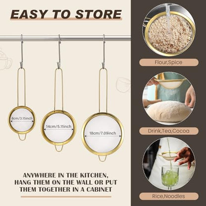 Baderke 5 Pcs Gold Strainers and Colanders Set Including 4/5 Quart Stainless Steel Colanders with Handles and 3 Pcs Fine Mesh Strainers for Kitchen Draining Rinsing Pasta Vegetables Rice