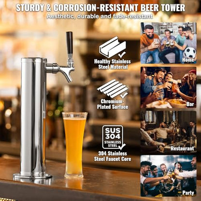 VEVOR Kegerator Tower Kit, Single Tap Beer Conversion Kit, Stainless Steel Keg Beer Tower Dispenser with Dual Gauge CGA320 Regulator & D-System Keg Coupler, Self-Closing Spring for Party Bar Home - style: Single Faucet Beer Tower