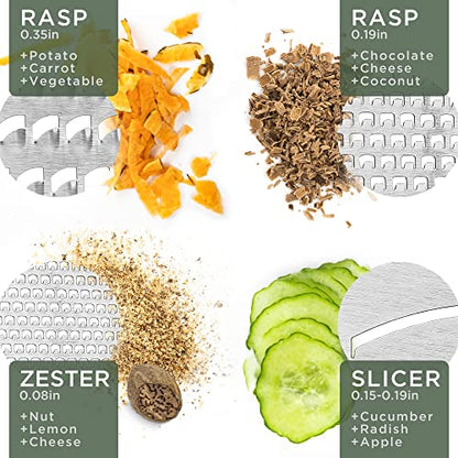 WALDWERK Premium Grater with Etched Stainless Steel Blades - Grater for Kitchen with Oak Wood Base - Box Grater with 4 Sides for Parmesan Cheese, Vegetables, Carrots, or Potatoes - Cheese Grater