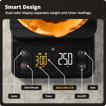 Greater Goods Coffee Scale with Timer, 0.1g Precision Digital Espresso & Pour Over Scale for Chemex, V60, Drip & Matcha Weighing, Waterproof Silicone Cover, 6.6lb Barista Brew Capacity (Onyx Black) - color: Onyx Black