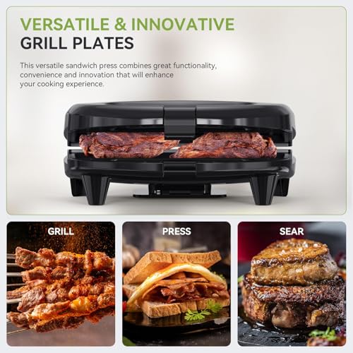 OSTBA Sandwich Maker & Panini Press, 2 Slice Grilled Cheese Maker with Non-stick Grill Plates, Indicator Lights, Cool Touch Handle, Easy to Clean and Store, 750W - style: ABS07-G