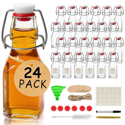 Ruckae Square Swing Top Glass Bottles with Lids Kombucha Coquito Flip Top Glass Bottle for Syrup Vanilla Extract Brew Beer Kefir Air Tight Bottles for Gift (4 oz 24 pack) - size: 4 oz 24 pack