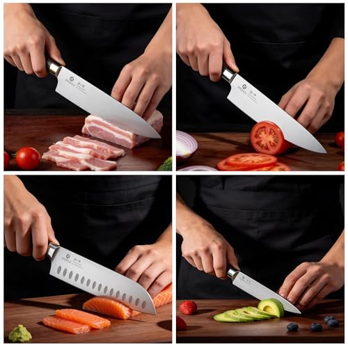 imarku 3 Pieces Knife Set, Japanese High Carbon Stainless Steel Chef Knife Set, Professional Chef Knives with Ergonomic Pakkawood Handle, Ultra Sharp Cooking Knives for Kitchen & Home Cooking - color: Red Brown