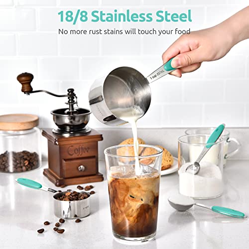 Measuring Cups and Spoons Set: U-Taste 18/8 Stainless Steel 12 Pieces Metal Stacking Kitchen Baking Cooking Food Measure Set 7 Cups 5 Spoons with Strengthened Weld Joints (Aqua Sky) - color: Aqua Sky