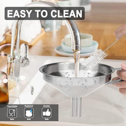 Stainless Steel Funnels for Kitchen use,4PCS Kitchen Metal Funnel with 2 Removable Strainer,Cleaning Brush.Funnel for Filling Bottles,for Transferring of Liquid,Oils,Jam (5.1",3",2.2",1.8") - size: Funnel set of 4