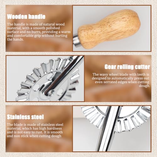 Pastry Cutter Wheel, Crinkle Wheel with Beech Wood Handle | 304 stainless steel crinkle blade, beech wood handle, multi-use for pizza pasta pastry cookie ravioli, 5 variants - color: Short Handle Large Cutter Wheel
