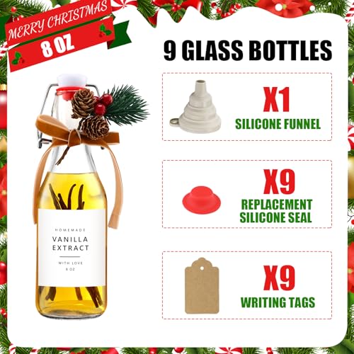 Sieral 9 Sets Vanilla Extract Bottles Clear Swing Top Glass Bottles for Gift Giving Homemade Vanilla Extract Jar Funnel Rope Labels for New Year Brewing Oil Beer Tea DIY Supply(Square Stickers,8 oz) - size: 8 oz, style: Square Stickers