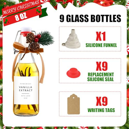Sieral 9 Sets Vanilla Extract Bottles Clear Swing Top Glass Bottles for Gift Giving Homemade Vanilla Extract Jar Funnel Rope Labels for New Year Brewing Oil Beer Tea DIY Supply(Square Stickers,8 oz) - size: 8 oz, style: Square Stickers