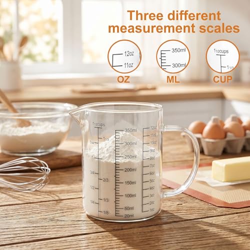 Graduated Glass Measuring Cup With Handle 350ML (12Oz, 1 1/2Cups) | High Borosilicate Liquid Measuring Cup for Baking Cooking Kitchen V-Shaped Spout Glass Measuring Beaker Easy To Read - size: 350ML (12Oz, 1 1/2Cups)