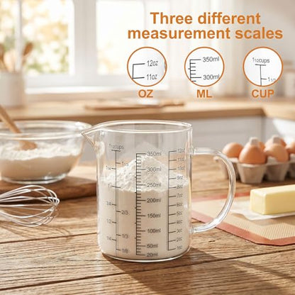 Graduated Glass Measuring Cup With Handle 350ML (12Oz, 1 1/2Cups) | High Borosilicate Liquid Measuring Cup for Baking Cooking Kitchen V-Shaped Spout Glass Measuring Beaker Easy To Read - size: 350ML (12Oz, 1 1/2Cups)