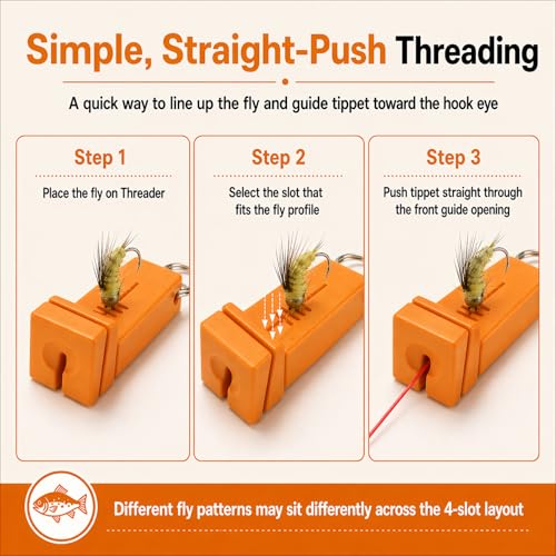 Fly Fishing accessories- Magnetic Fly Threader Bright Orange, 4-Slot Precision Threading Tool for Fly and Ice Fishing, Lightweight Plastic Hook Threader with Keychain for Wading Low Light Cold Hands | Magnetic Fly Threader for Tiny Hook Eyes, Cold Hands,