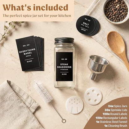 EDELHAUS Glass Spice Jars with Label and Black Aluminium Lids (24 x 4oz) Spice Containers with 240 Labels, Shaker Inserts, Steel Funnel, Empty Square Seasoning Organizer (Black Aluminium Lid) - color: Black Aluminum Lid