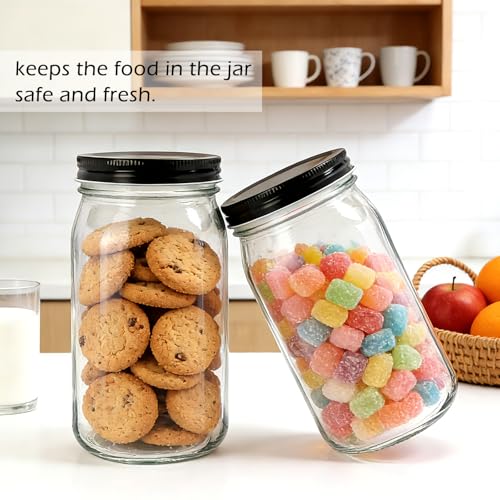 QAPPDA 32 OZ Glass Jars with Lids Set of 12,Clear Wide Mouth 1000ML Glass Mason Jar with Airtight Lid,Durable Glass Food Storage Canning Jars for Pickles,Jams,Preserving - size: 32oz - Black Lid