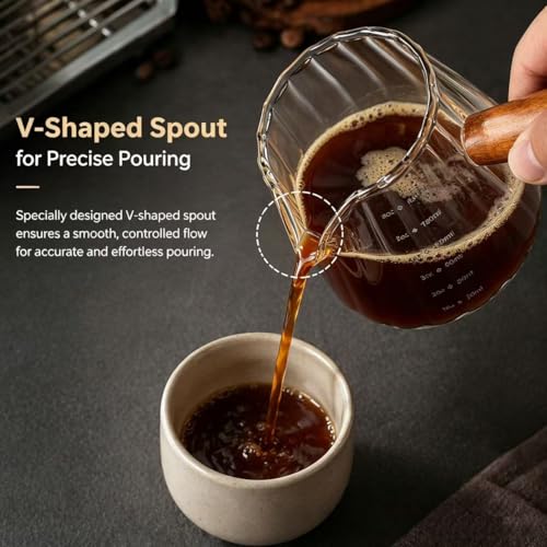 6 oz Espresso Cups - Glass Measuring Cups with Spout - Ribbed Small Creamer Pitcher- Expresso Shots Cup with Wood Handle for Coffee Milk, Dishwasher Safe (Transparent, 1 pack) - color: Transparent, size: 1 pack