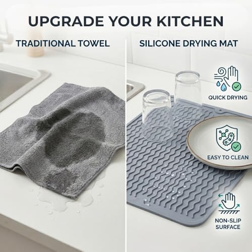 Silicone Dish Drying Mat for Kitchen Counter, Heat Resistant Dish Drainer, Easy to Clean Eco-Friendly Sink Liner, Non-Slip Drawer & Countertop Liner (16 x 12, Gray)