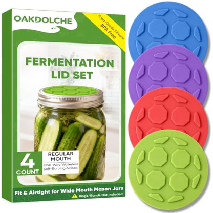 4PCS Silicone Fermentation Lids for Regular Mouth Mason Jars | One-Way Airlock Valve, Self-Burping for Sauerkraut, Sourdough Starter & Probiotics (Patented) - size: 4 PCS Regular