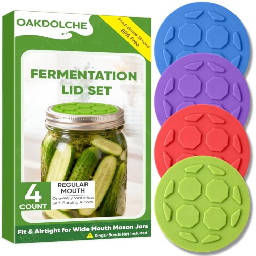4PCS Silicone Fermentation Lids for Regular Mouth Mason Jars | One-Way Airlock Valve, Self-Burping for Sauerkraut, Sourdough Starter & Probiotics (Patented) - size: 4 PCS Regular